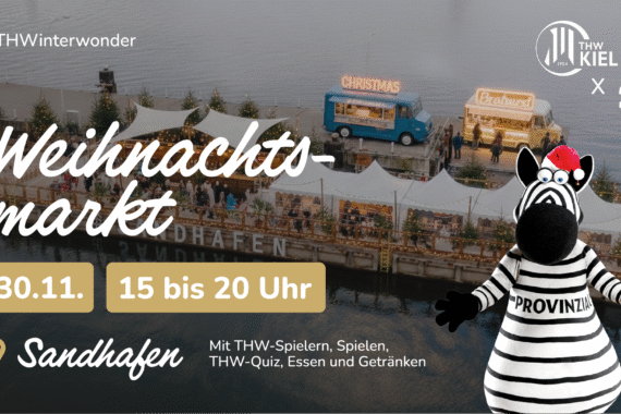 Ein festlicher schwimmender Weihnachtsmarkt im Sandhafen mit Lichtern und Buden, veranstaltet vom THW Kiel. Veranstaltungstermin: 30.11., Zeit: 15-20 Uhr. Mit Maskottchen Zebra, Spielen, Quiz, Essen und Getränken.