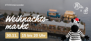 Ein festlicher schwimmender Weihnachtsmarkt im Sandhafen mit Lichtern und Buden, veranstaltet vom THW Kiel. Veranstaltungstermin: 30.11., Zeit: 15-20 Uhr. Mit Maskottchen Zebra, Spielen, Quiz, Essen und Getränken.