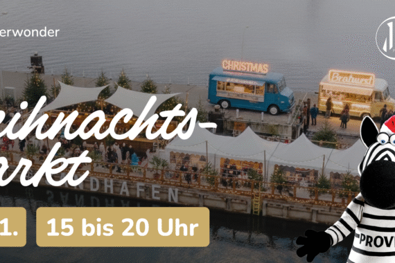 Ein festlicher schwimmender Weihnachtsmarkt im Sandhafen mit Lichtern und Buden, veranstaltet vom THW Kiel. Veranstaltungstermin: 30.11., Zeit: 15-20 Uhr. Mit Maskottchen Zebra, Spielen, Quiz, Essen und Getränken.