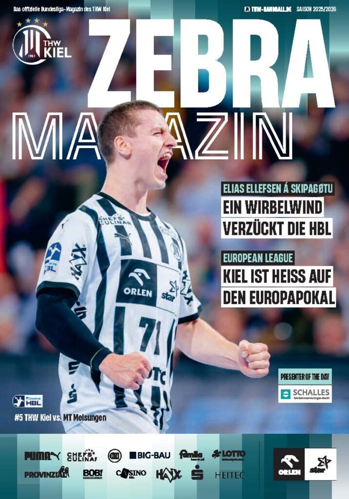 ZEBRA_Epaper_Heft_05_Melsungen_2025 Ein männlicher Handballspieler in einem schwarz-weiß gestreiften Trikot jubelt leidenschaftlich auf dem Spielfeld. Der Titel des Magazins lautet ZEBRA MAGAZIN, um ihn herum sind Artikel und Logos des THW Kiel Hallenheft Handball zu sehen.