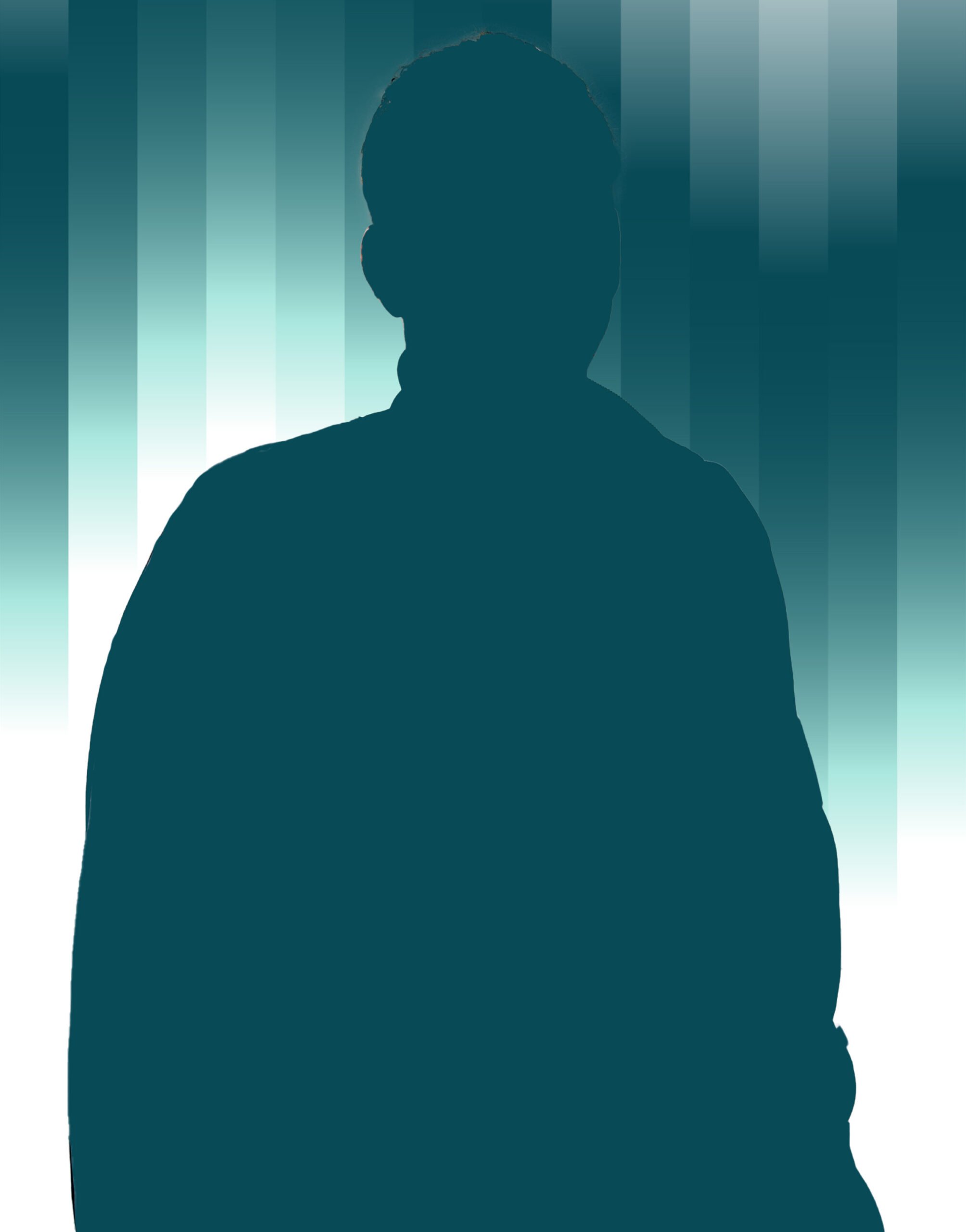 2526_THWKiel_Platzhalter_AR Eine dunkle Silhouette einer Person mit kurzen Haaren ist vor einem Hintergrund mit einem Farbverlauf aus vertikalen blaugrünen und weißen Streifen zentriert. Die Gesichtszüge der Person sind nicht sichtbar.