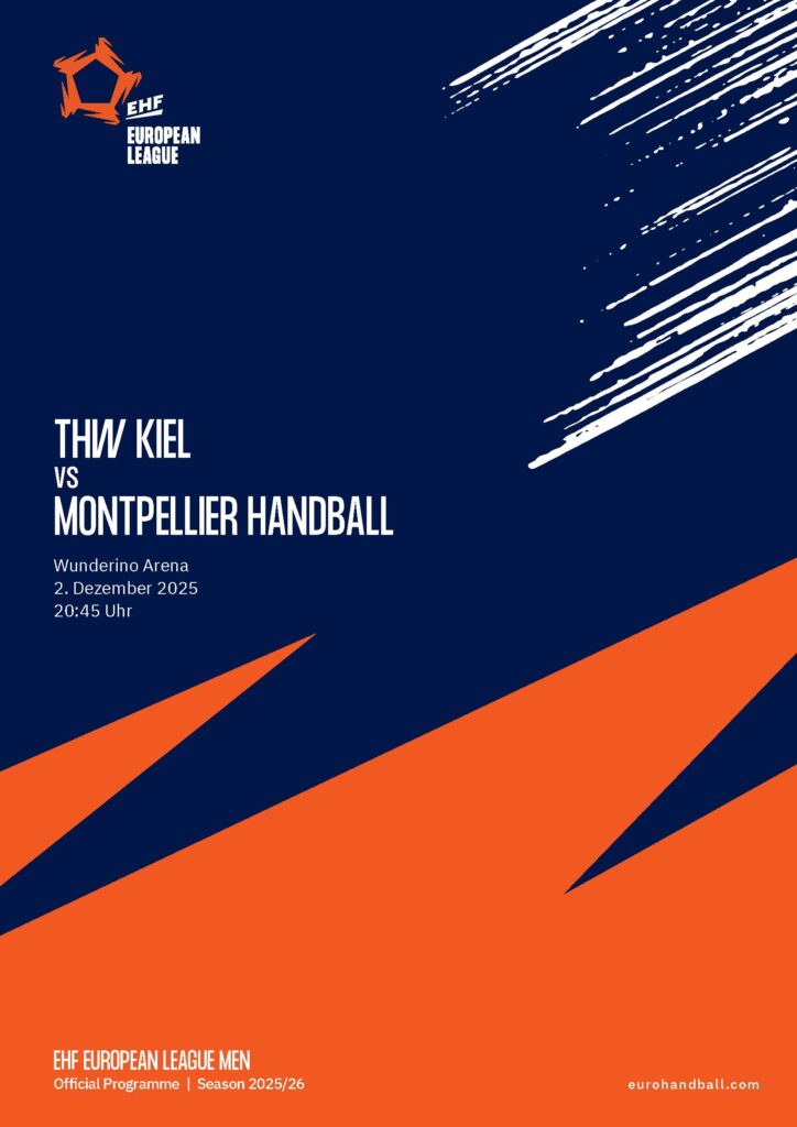 K2_ZEBRA_Heft_C_Montpellier Plakat für ein EHF European League Handballspiel der Männer: THW Kiel gegen Montpellier Handball, in der Wunderino Arena am 2. Dezember 2025, 20:45 Uhr. Kräftiges blaues und oranges abstraktes Design, gestaltet wie ein THW Kiel Hallenheft Handball. Event-Details inklusive.