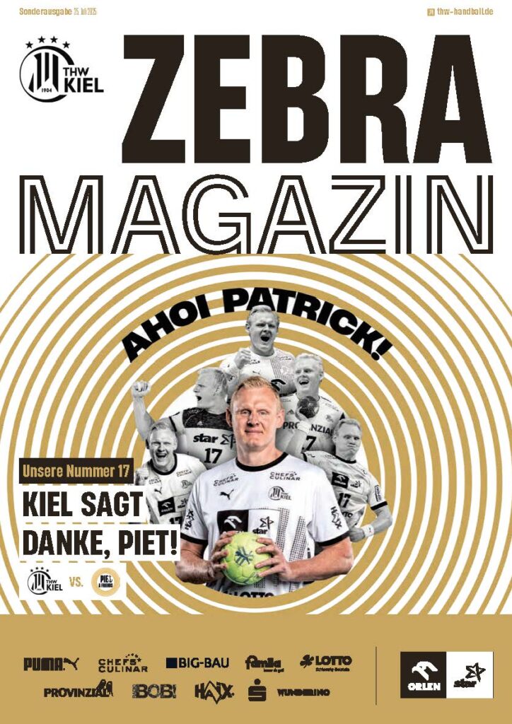 ZEBRA_Eapper_Abschiedsspiel_Piet_Friends Titelbild des Zebra Magazins mit dem Handballspieler Patrick Wiencek in einem weißen Trikot, der einen Ball hält, mit großer Aufschrift