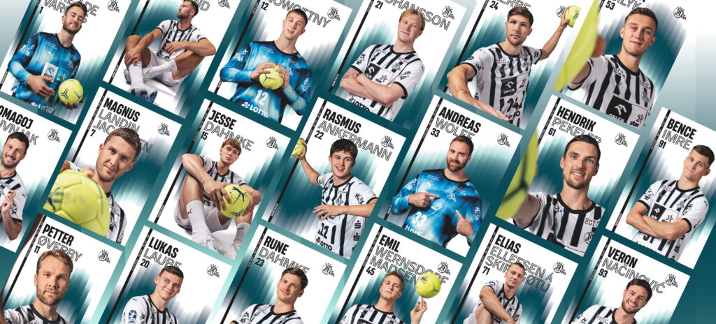 Eine Collage von Profi-Handballspielern in gestreiften Trikots, die jeweils in einzelnen Rahmen mit ihren Namen und Nummern abgebildet sind und gelbe Handbälle in der Hand halten, vor einem Hintergrund mit blauem und weißem Farbverlauf.