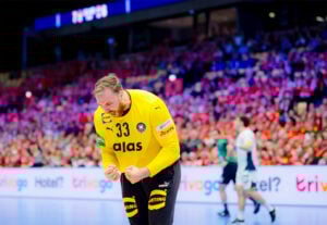Ein männlicher Handballspieler in einem gelben Trikot mit der Nummer 33 ballt auf dem Spielfeld jubelnd die Fäuste, während im Hintergrund eine unscharfe, jubelnde Menge zu sehen ist.