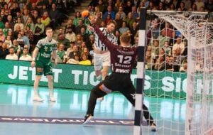 Ein Handballspieler in Weiß springt auf, um auf das Tor zu schießen, während der Torwart in Kastanienbraun mit ausgestreckten Armen und Beinen abwehrt. Ein anderer Spieler in Grün schaut zu, und eine große Menschenmenge füllt die Tribüne.