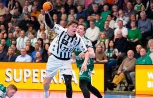 Ein Handballspieler in einem weiß-schwarzen Trikot springt, um den Ball zu werfen, während er von einem Spieler in Grün verteidigt wird, während im Hintergrund eine Menge von Zuschauern aufmerksam zusieht.