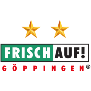 Logo von FRISCH AUF! Göppingen mit zwei goldenen Sternen über dem Namen. Der Schriftzug FRISCH AUF! steht in fetten weißen Buchstaben auf grünem und schwarzem Hintergrund, GÖPPINGEN steht in roter Schrift darunter.
