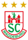Das Logo des SC Magdeburg zeigt ein rotes Schild mit zwei Türmen und einer Figur, die einen Ball hält, über den Initialen SC in Grün. Darunter steht in grüner Schrift MAGDEBURG. Über dem Schild befinden sich drei goldene Sterne.