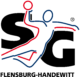 Logo der SG Flensburg-Handewitt mit dem stilisierten Umriss eines Handballspielers, der mit einem Ball springt, über großen schwarzen Buchstaben SG und dem Text FLENSBURG-HANDEWITT darunter in fetter schwarzer Schrift.