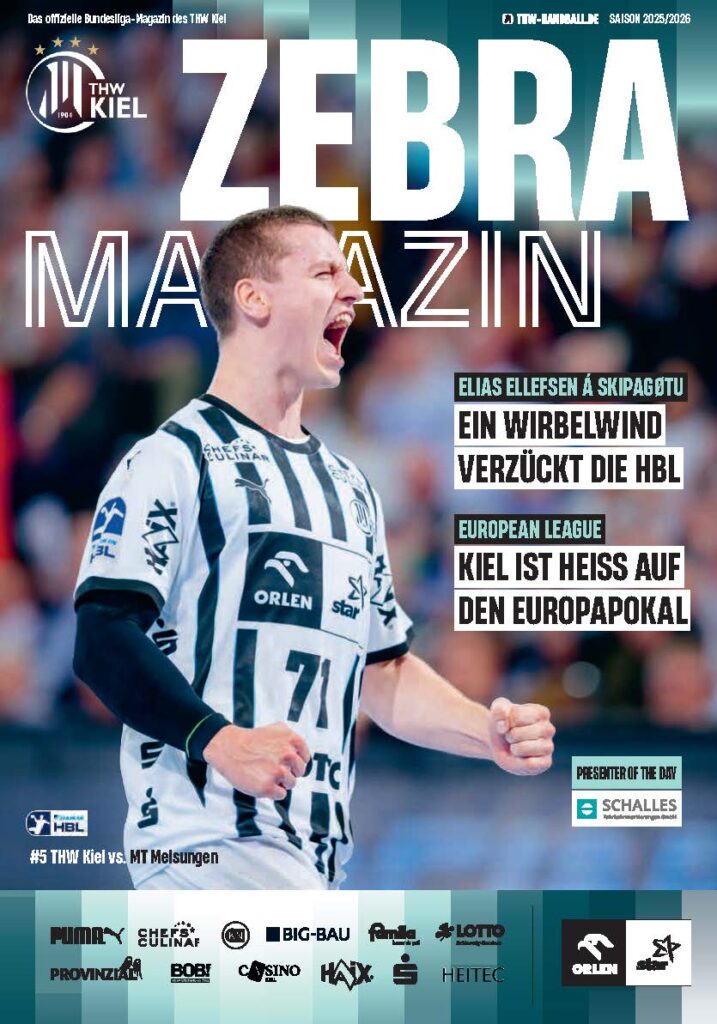 Ein männlicher Handballspieler in einem schwarz-weiß gestreiften Trikot jubelt leidenschaftlich auf dem Spielfeld. Der Titel des Magazins lautet ZEBRA MAGAZIN, um ihn herum sind Artikel und Logos des THW Kiel Hallenheft Handball zu sehen.