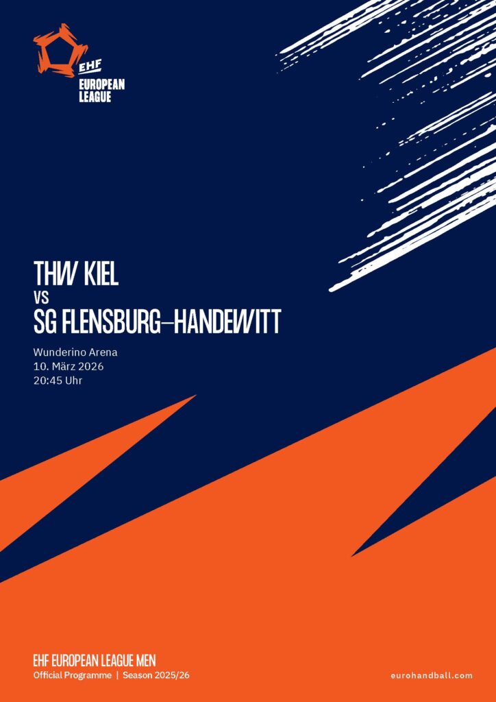 Plakat für ein EHF European League Handballspiel der Männer: THW Kiel gegen SG Flensburg-Handewitt am 10. März 2026, 20:45 Uhr in der Wunderino Arena. Das Design zeigt blaue und orangefarbene abstrakte Grafiken im Stil des kultigen THW Kiel Hallenheft Handball.