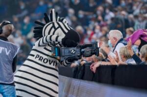 Eine Person in einem Zebra-Maskottchen-Kostüm filmt die Menge mit einer großen TV-Kamera bei einer Hallensportveranstaltung, während maskierte Zuschauer von der Tribüne aus interagieren und winken.
