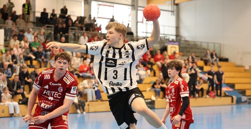 viertelfinale_Jana_TitelNummer3 Ein Handballspieler in einem schwarz-weiß gestreiften Trikot springt in der Luft, um den Ball zu werfen. Zwei Spieler in roten Trikots stehen in der Nähe, die Zuschauer schauen von der Tribüne in einer hell erleuchteten Turnhalle zu.