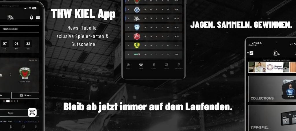 THW Kiel App Google Play Store (1024 x 500 px) Screenshot der THW KIEL App mit Funktionen wie Nachrichten, Spielpläne, Ergebnisse, Spielerkarten und Sammlungen, mit den Slogans