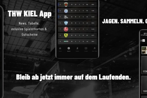 Screenshot der THW KIEL App mit Funktionen wie Nachrichten, Spielpläne, Ergebnisse, Spielerkarten und Sammlungen, mit den Slogans "Jagen. Sammeln. Gewinnen." und "Bleib ab jetzt immer auf dem Laufenden." auf Deutsch.