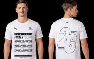 Ein Mann trägt ein weißes THW Kiel Finals Tour 24-T-Shirt. Auf der Vorderseite sind eine Spielerliste und Veranstaltungshinweise zu sehen, die Rückseite zeigt eine große 26 mit Text und Logos. Sowohl die Vorder- als auch die Rückansicht sind vor einem schwarzen Hintergrund zu sehen.