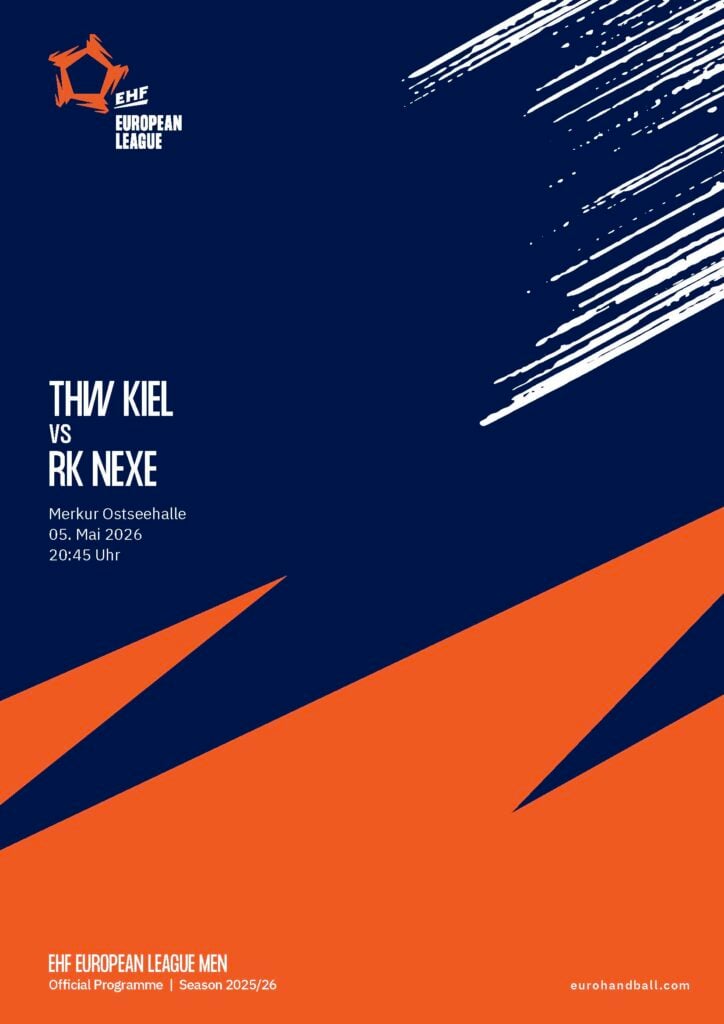 Plakat für das Spiel der EHF European League: THW Kiel gegen RK Nexe am 5. Mai 2026, 20:45 Uhr in der Merkur Ostseehalle. Das Design des THW Kiel Hallenhefts zeigt kräftige geometrische Formen in Orange und Blau und weiße Pinselstriche.