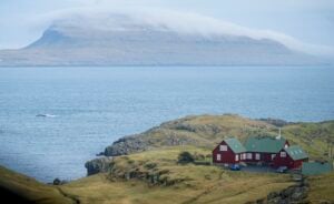 Ein großes rotes Haus mit grünen Dächern steht auf einer grasbewachsenen Küstenklippe mit Blick auf das Meer auf den Färöern, im Hintergrund ein nebelverhüllter, flacher Berg unter einem bewölkten Himmel – eine friedliche Kulisse, die an die Vorbereitungen für den Wenzel Nordic Cup erinnert.