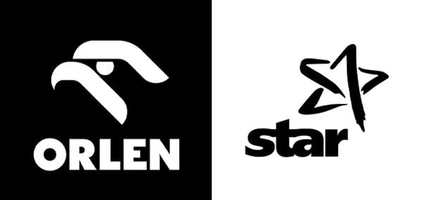 Zwei Logos nebeneinander: links ein stilisierter Adlerkopf über dem Wort „ORLEN“ auf schwarzem Hintergrund; rechts ein skizzenhafter Stern über dem Wort „star“ auf weißem Hintergrund.