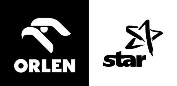 Zwei Logos nebeneinander: links ein stilisierter Adlerkopf über dem Wort „ORLEN“ auf schwarzem Hintergrund; rechts ein skizzenhafter Stern über dem Wort „star“ auf weißem Hintergrund.