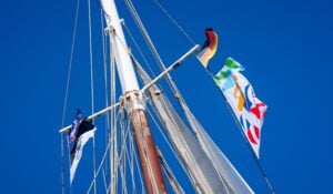 Eine Nahaufnahme eines Segelbootmastes mit bunten Flaggen, darunter eine deutsche Flagge, vor einem strahlend blauen Himmel. Entlang des Mastes sind Seile und Takelage zu sehen.