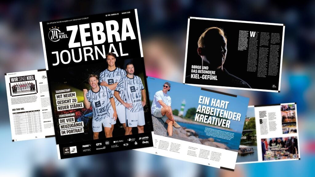 Auf dem Titelblatt einer Zeitschrift mit dem Titel „Zebra Journal“ sind vier Sportler in Sportuniformen abgebildet. Drumherum sind verschiedene aufgeschlagene Seiten der Zeitschrift mit Bildern, Texten und Überschriften auf Deutsch zu sehen.