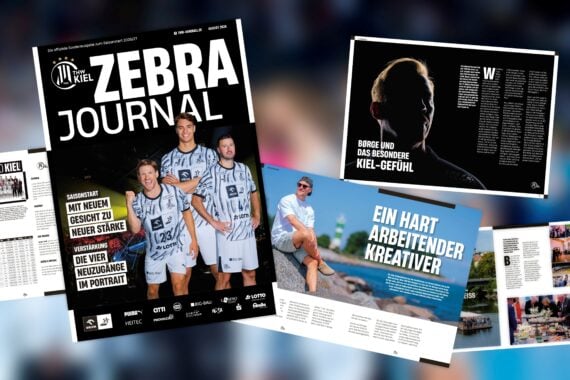 Auf dem Titelblatt einer Zeitschrift mit dem Titel „Zebra Journal“ sind vier Sportler in Sportuniformen abgebildet. Drumherum sind verschiedene aufgeschlagene Seiten der Zeitschrift mit Bildern, Texten und Überschriften auf Deutsch zu sehen.