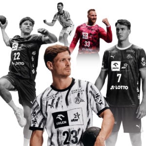 Fünf männliche Handballspieler in schwarz-weißen THW-Kiel-Trikots posieren vor einem weißen Hintergrund in verschiedenen Bewegungs- und Standpositionen und präsentieren dabei ihre Trikots und ihre Leidenschaft für den Sport.
