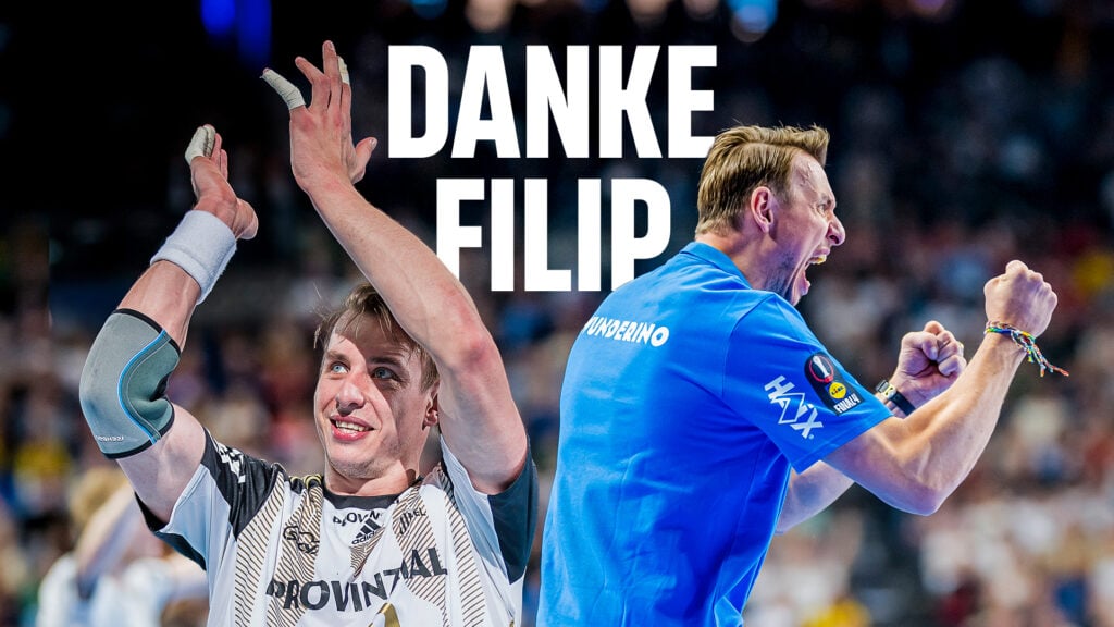 Danke_Filip_HeaderHeader Neben zwei Bildern eines jubelnden Sportlers steht in der Mitte in fetten weißen Buchstaben der Schriftzug „DANKE FILIP“, der Dankbarkeit und Freude zum Ausdruck bringt. Am 12. September wird Ex-Trainer Filip Jicha beim THW Kiel offiziell verabschiedet, was diesem besonderen Moment noch mehr Bedeutung verleiht.