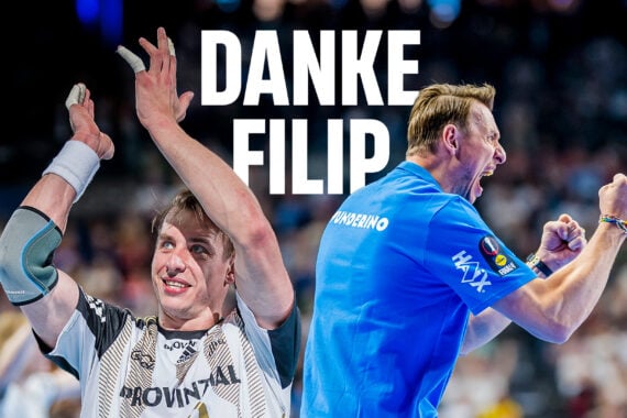 Neben zwei Bildern eines jubelnden Sportlers steht in der Mitte in fetten weißen Buchstaben der Schriftzug „DANKE FILIP“, der Dankbarkeit und Freude zum Ausdruck bringt. Am 12. September wird Ex-Trainer Filip Jicha beim THW Kiel offiziell verabschiedet, was diesem besonderen Moment noch mehr Bedeutung verleiht.