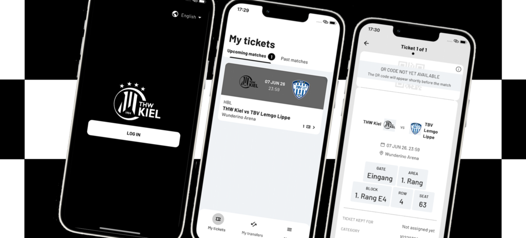 Auf drei Smartphones wird die THW Kiel-App angezeigt: der Anmeldebildschirm, eine Ticketübersicht für ein bevorstehendes Spiel und ein digitales Ticket mit Angaben zur Veranstaltung und zum Sitzplatz.