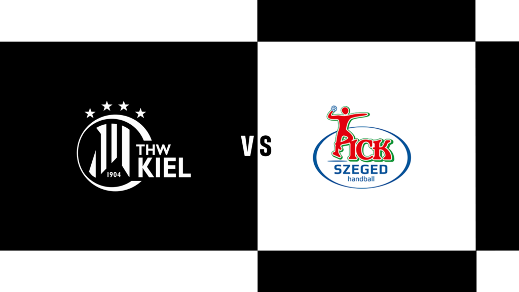 Livestream Grafik_THW-Szeged_V2 Links das Logo der Handballmannschaft THW Kiel, rechts das Logo der Handballmannschaft Pick Szeged, getrennt durch „vs“ auf einem schwarz-weiß karierten Hintergrund.