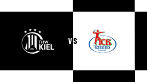 Links das Logo der Handballmannschaft THW Kiel, rechts das Logo der Handballmannschaft Pick Szeged, getrennt durch „vs“ auf einem schwarz-weiß karierten Hintergrund.