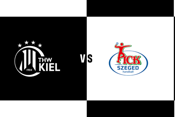 Links das Logo der Handballmannschaft THW Kiel, rechts das Logo der Handballmannschaft Pick Szeged, getrennt durch „vs“ auf einem schwarz-weiß karierten Hintergrund.