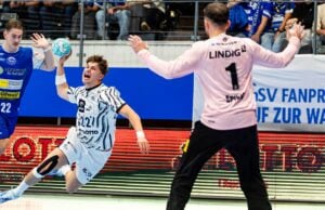Ein Handballspieler im weißen Trikot springt hoch, um einen Wurf zu versuchen, während ein Torwart im rosa Trikot die Arme hebt, um den Ball abzuwehren. Hinter ihnen verfolgen Zuschauer das Geschehen von den Tribünen aus.