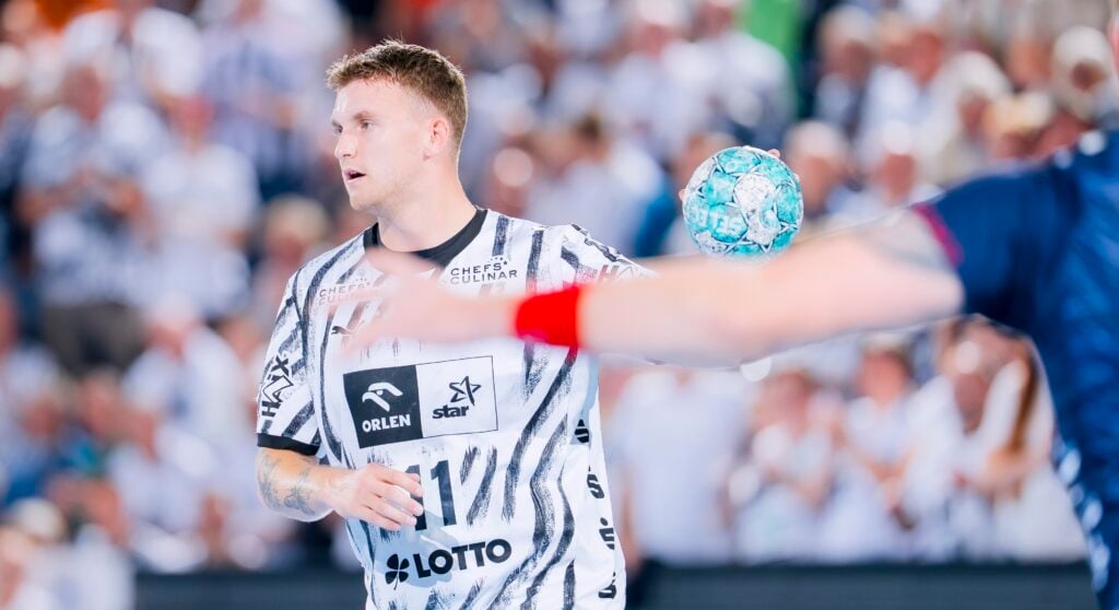 Ein Handballspieler in einem schwarz-weiß gestreiften Trikot hält einen blauen Ball in der Hand, im Vordergrund ist der verschwommene Arm eines anderen Spielers zu sehen, im Hintergrund eine Zuschauermenge.