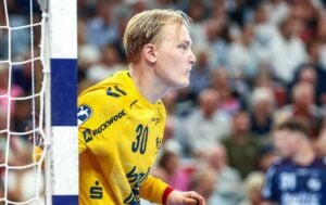 Ein Handballtorwart im gelben Trikot mit der Nummer 30 steht während eines Spiels aufmerksam neben dem Torpfosten. Im Hintergrund ist die Zuschauermenge verschwommen zu sehen.