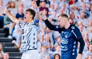 Zwei männliche Handballspieler feiern ausgelassen auf dem Spielfeld – der eine in einem weißen Trikot mit erhobenen Armen, der andere in einem dunkelblauen Trikot –, während im Hintergrund eine jubelnde Zuschauermenge zu sehen ist.