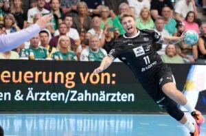 Ein Handballspieler in schwarzer Spielkleidung springt mit dem Ball in der Hand in die Luft, um einen Wurf anzusetzen, während die Zuschauer von den Tribünen aus zuschauen.