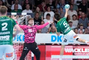 Ein Handballspieler im grünen Trikot springt zum Wurf hoch, während sich ein Torwart im rosa Trikot darauf vorbereitet, den Ball abzuwehren. Im Hintergrund schauen Zuschauer zu.
