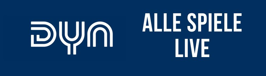 Button Dyn duarkblue Weißes DYN-Logo und der Text ALLE SPIELE LIVE auf dunkelblauem Hintergrund, mit THW Kiel Handball Rekordmeister und aktuellen Bundesliganachrichten.