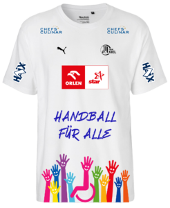 Weißes THW Kiel-Handballtrikot mit Sponsorenlogos und dem Schriftzug HANDBALL FÜR ALLE über einer Grafik aus bunten, jubelnden Händen und einem rosa Rollstuhl-Symbol.